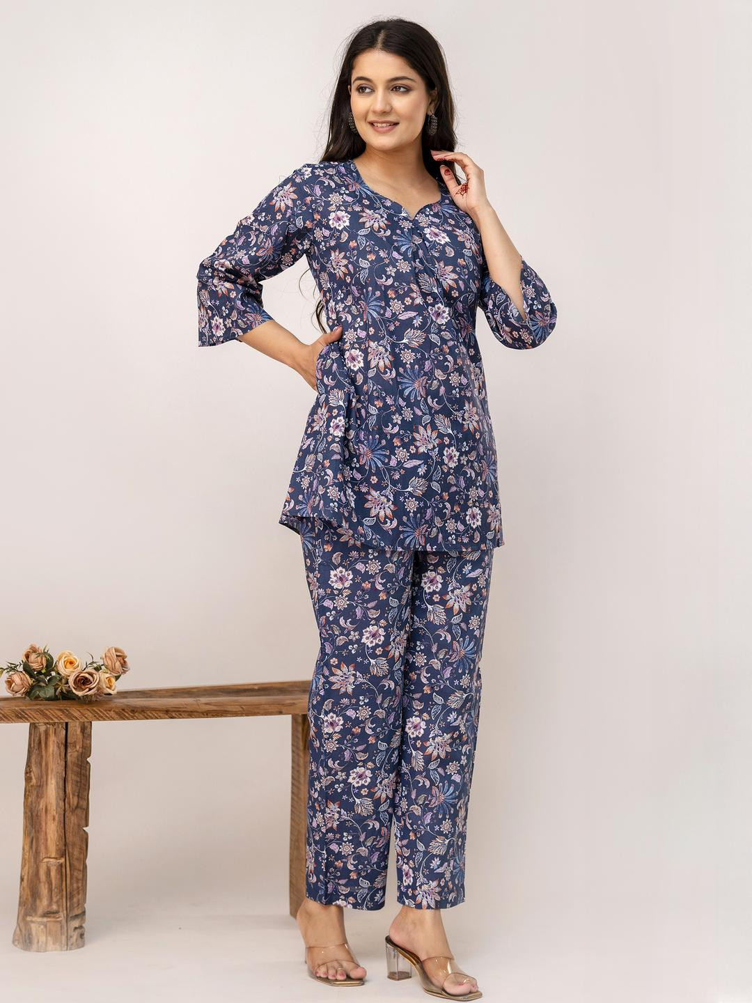 Anouk Women Blue Box Pleated Sweetheart Neck Floral Printed Cotton Co-ord Set