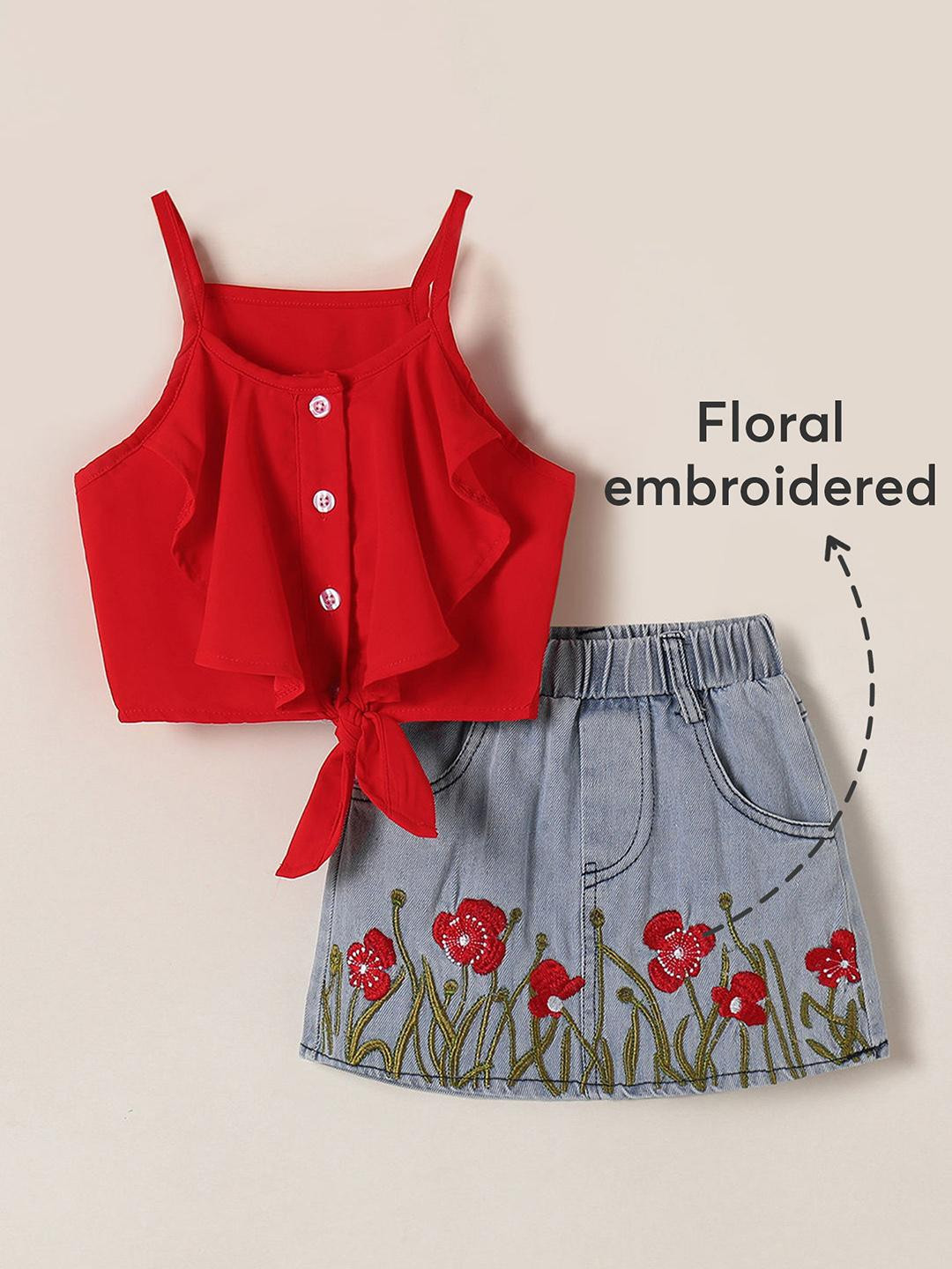 2-Pc Tie-Front Floral Embroidery Skirt Set