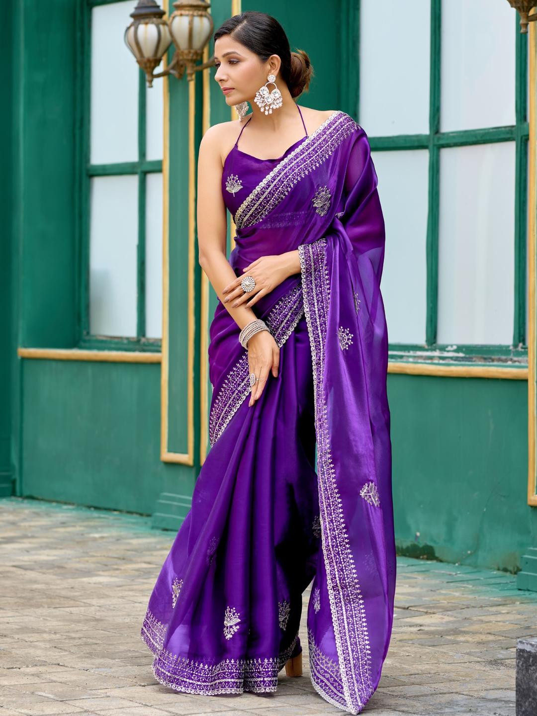 DIVASTRI Violet Poly Chiffon Embroidered Sarees