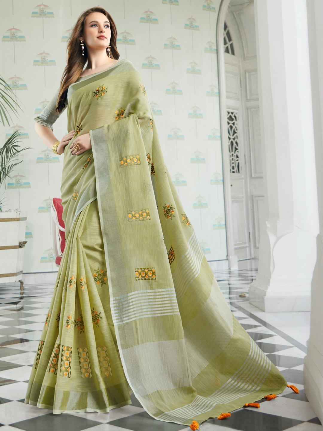 KALINI Olive Linen Blend Printed Sarees