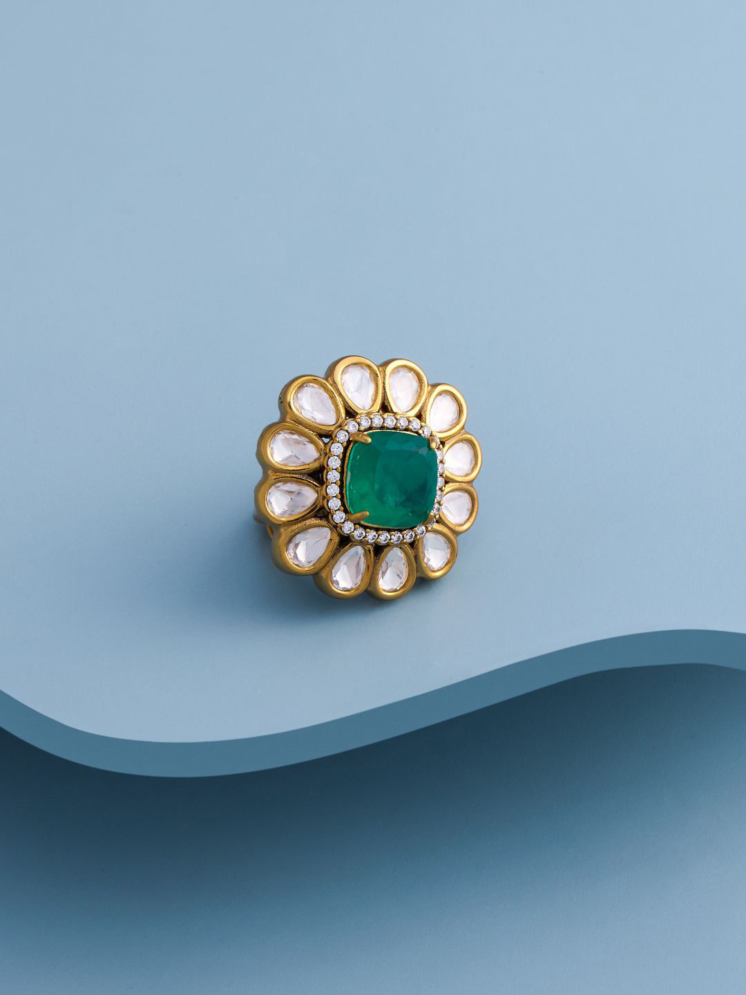 Kushal's Fashion Jewellery Women Green Victorian-Plated Ethnic Kundan Finger Ring