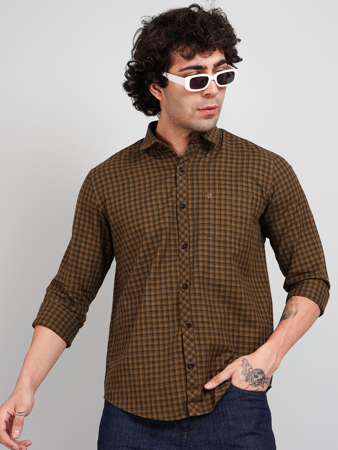 TIM PARIS Standard Checked Spread Collar Roll-Up Sleeves Cotton Shirt