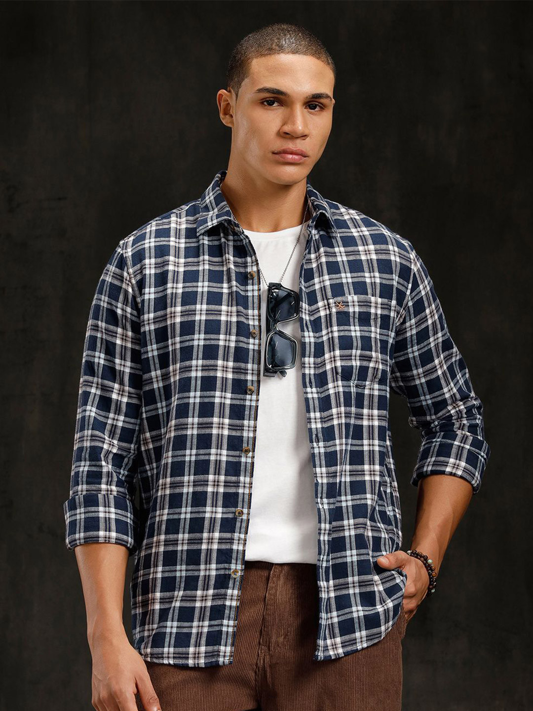 WROGN Tartan Checked Cutaway Collar Comfort Slim Fit Cotton Shirt