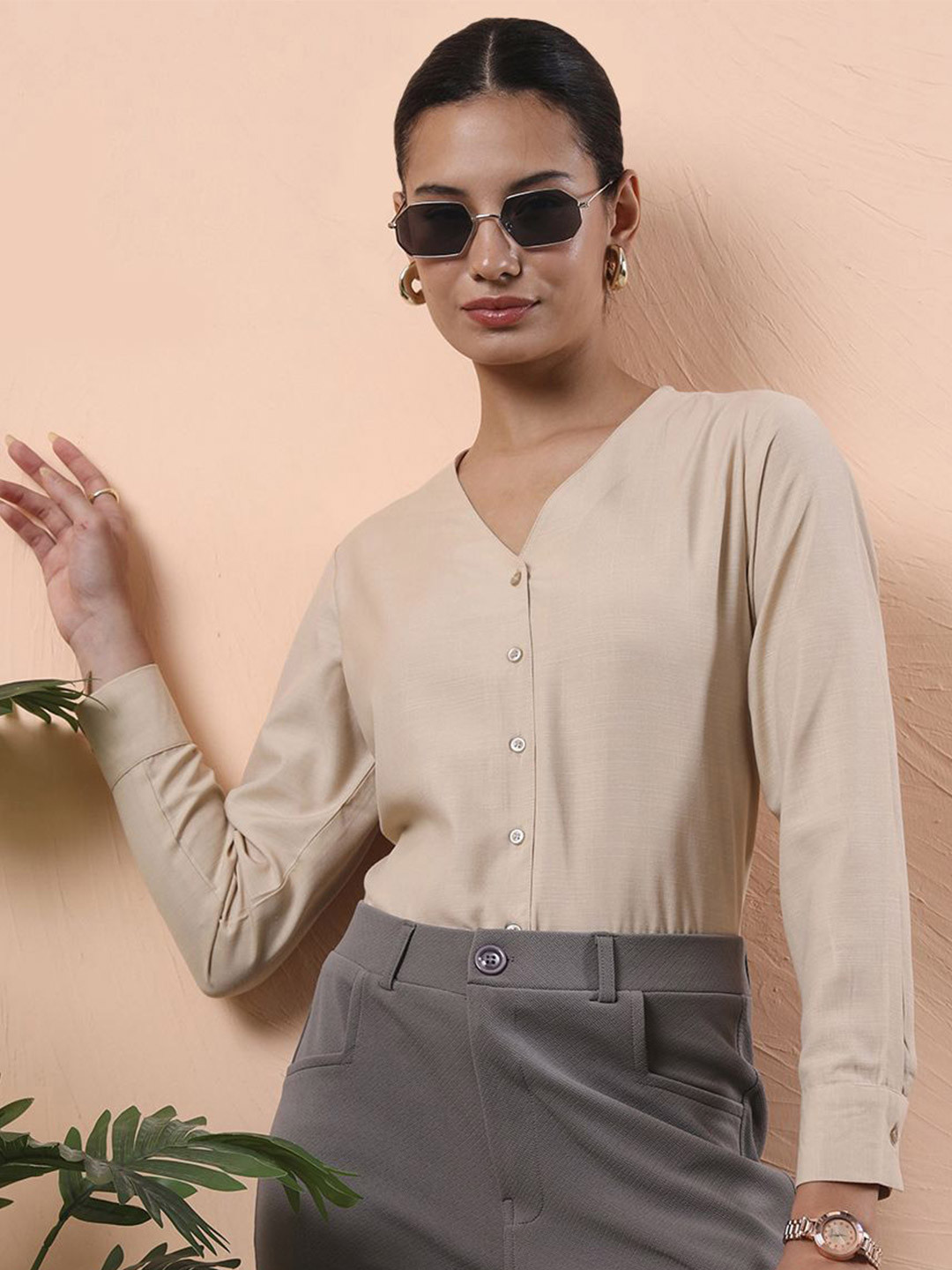 FITHUB Regular Fit Linen V-Neck Formal Shirt