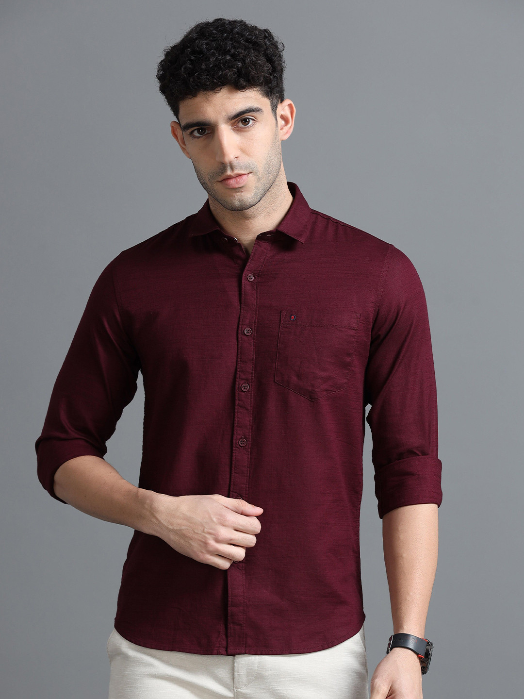 COOL COLORS Slim Fit Spread Collar Cotton Casual Shirt