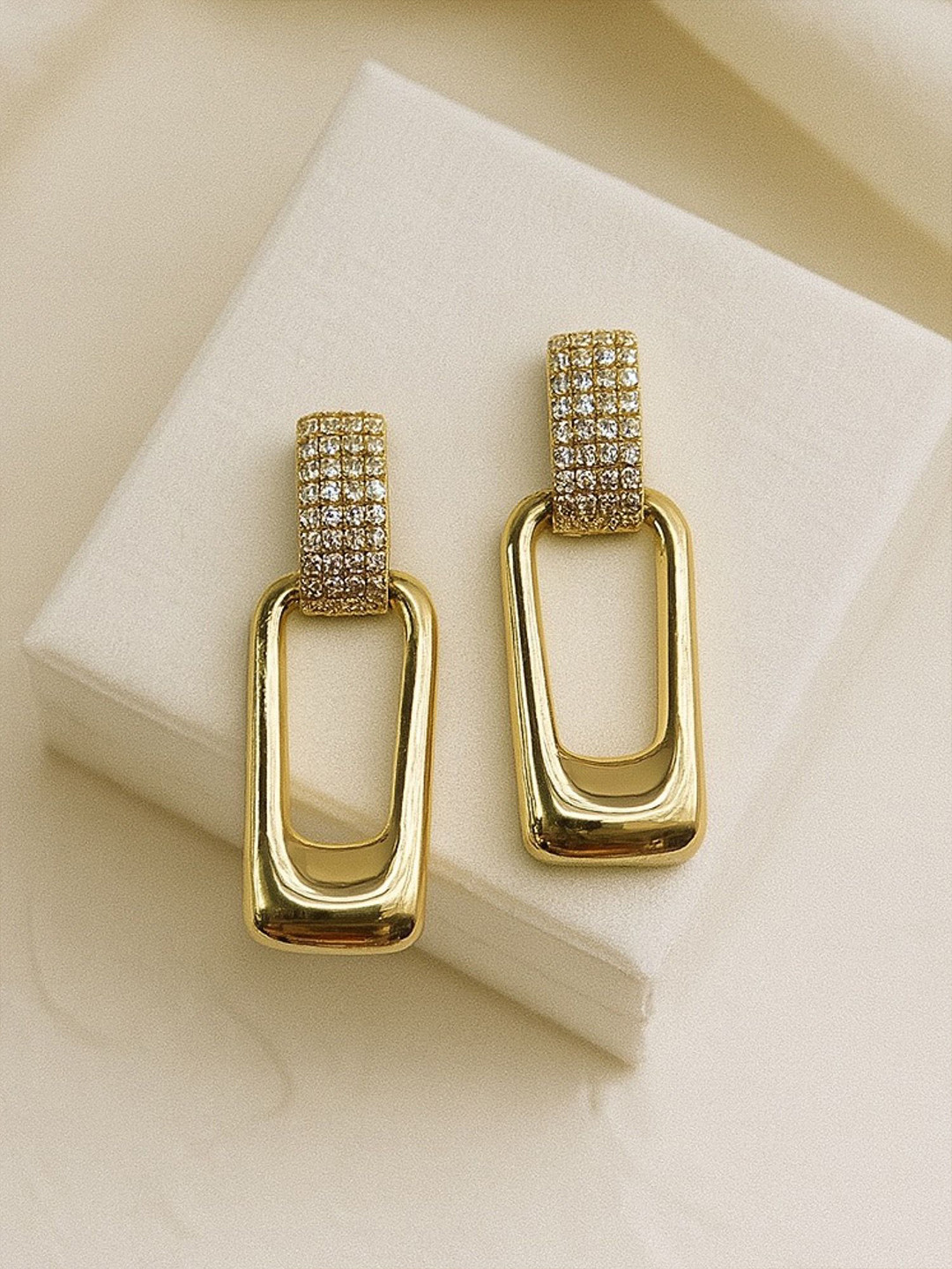 Digital Dress Room Gold-Plated Artificial Stones Studded Rectangular Shaped Drop Earrings