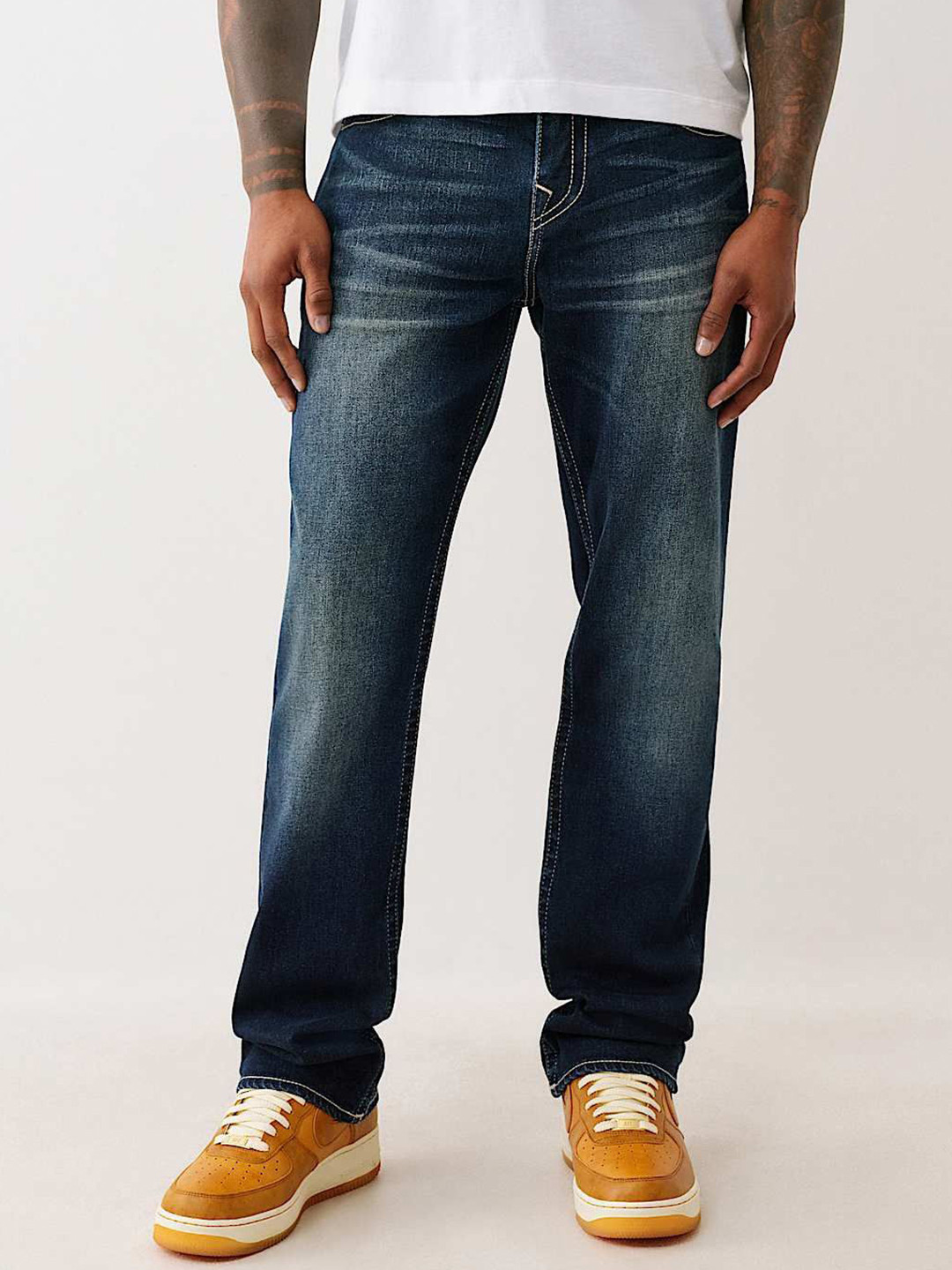 True Religion Men Straight Fit Mid-Rise RICKY Embroidered Light Fade Jeans