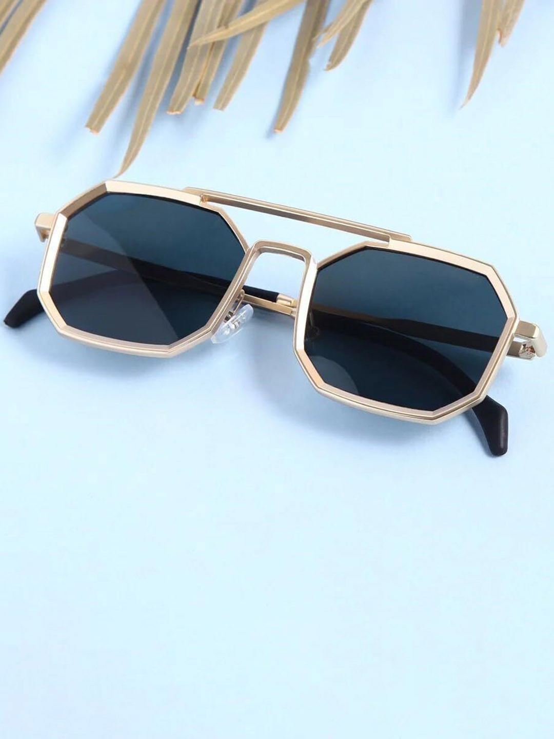 SPADEACES Unisex Full Rim Round Black Lens & Gold-Toned Square Sunglasses