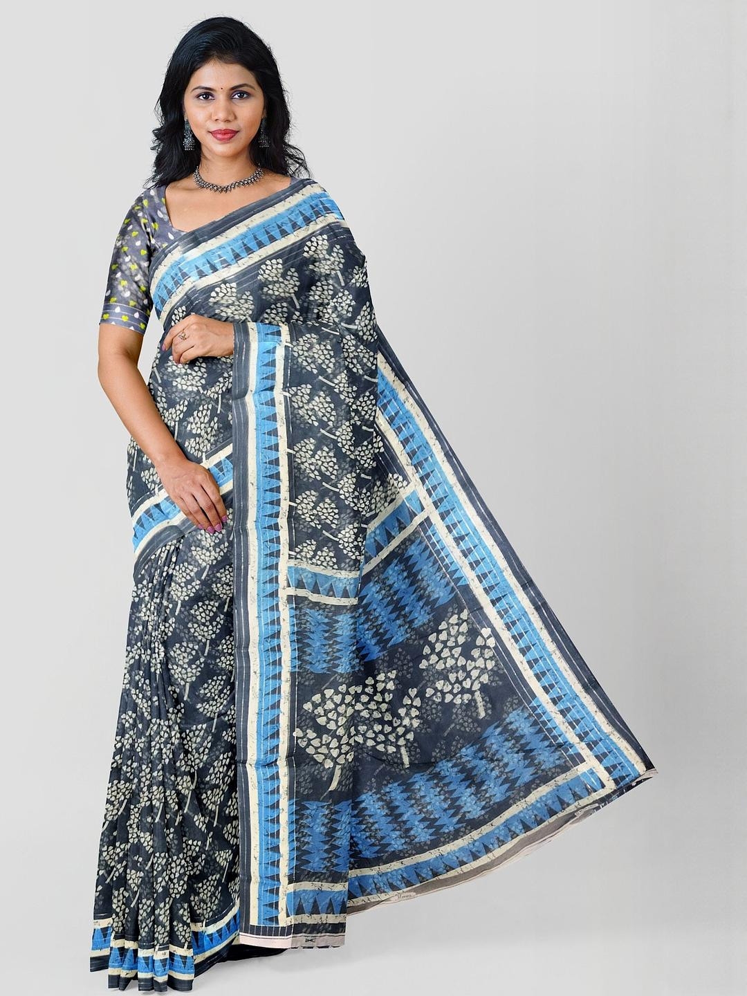 Ruhabs Floral Block Print Printed Saree