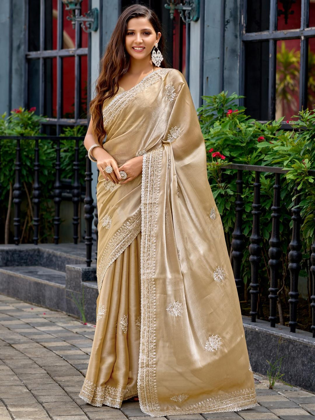 KALINI Cream Poly Chiffon Embroidered Sarees