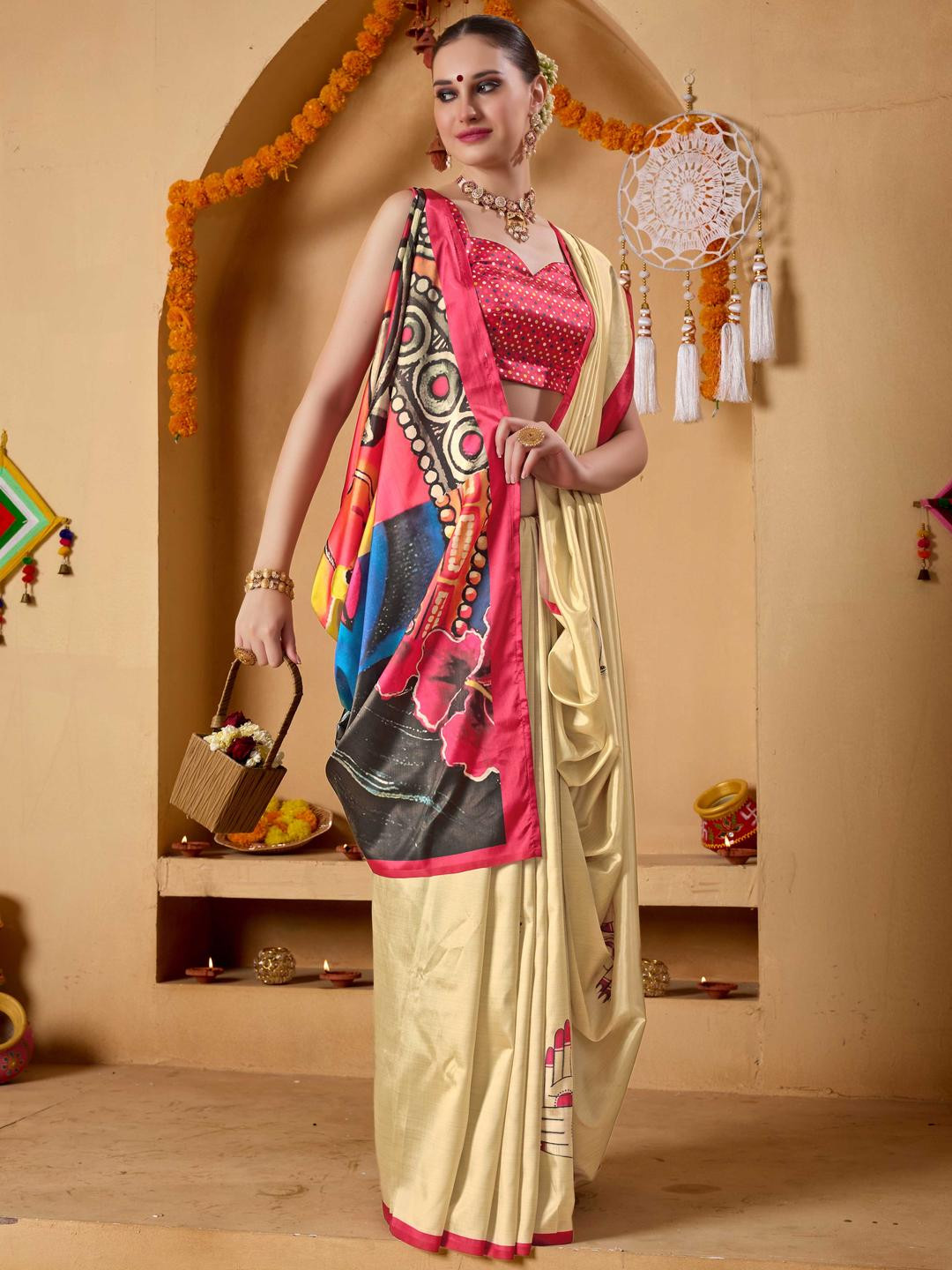 RACHNA Cream Art Silk Printed Sarees