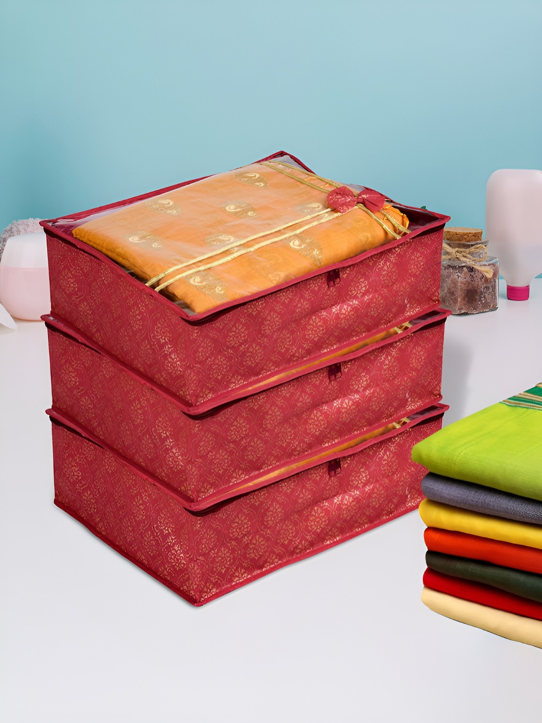 Aura Maroon & Gold Toned 3 Pieces Regular Bow -Printed Saree Storage Bags