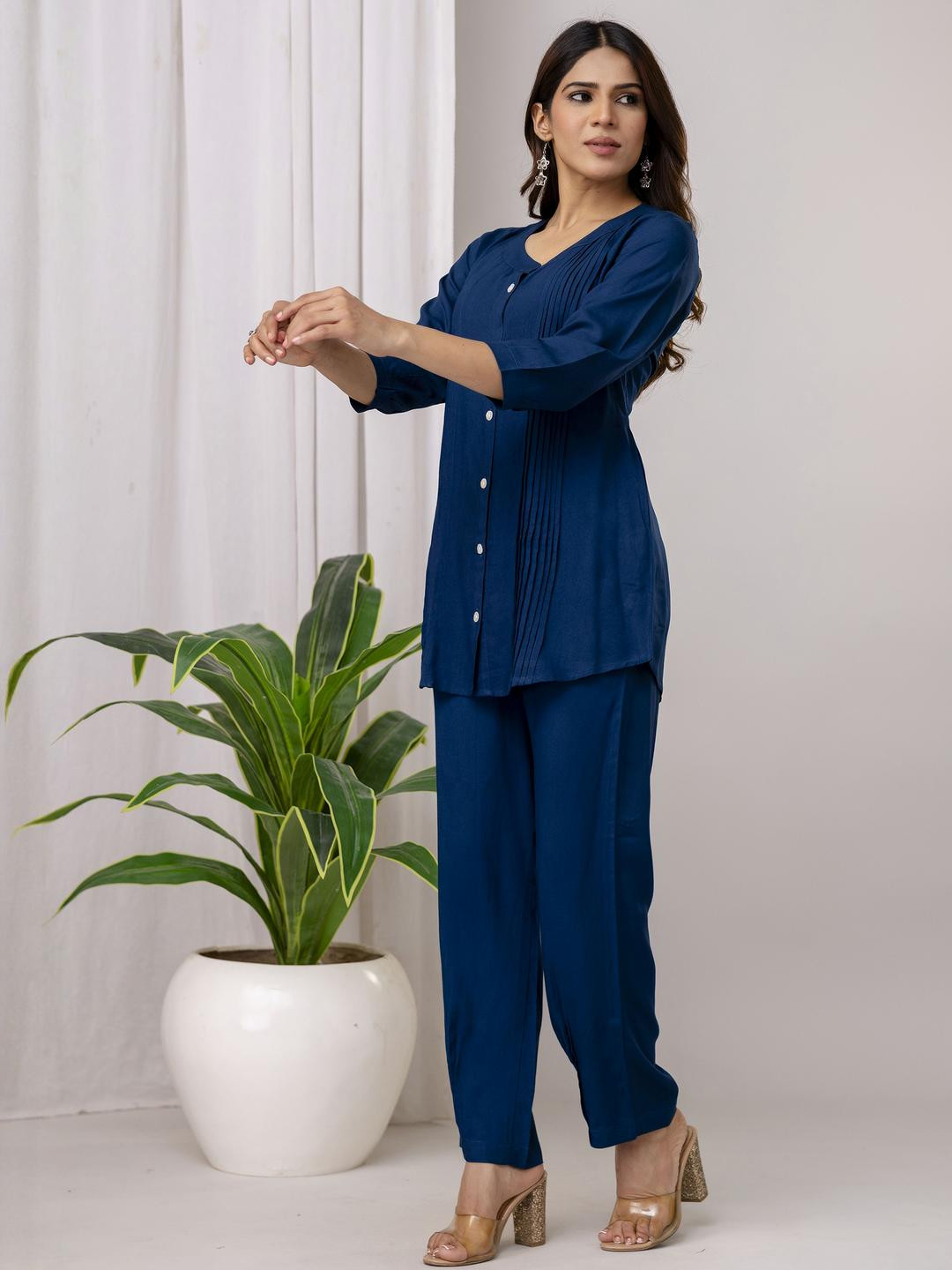 Anouk Sapphire Pleated Band Collar Co-ord Set