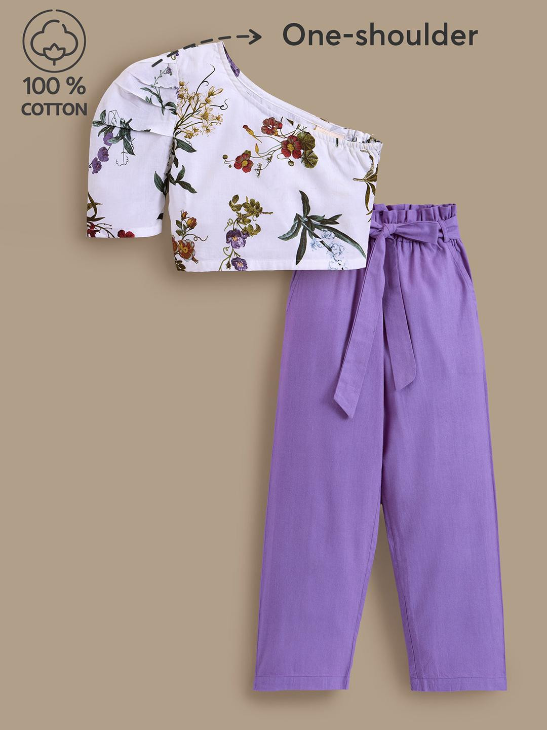 2-Pc Floral One Shoulder Cotton Pants Set