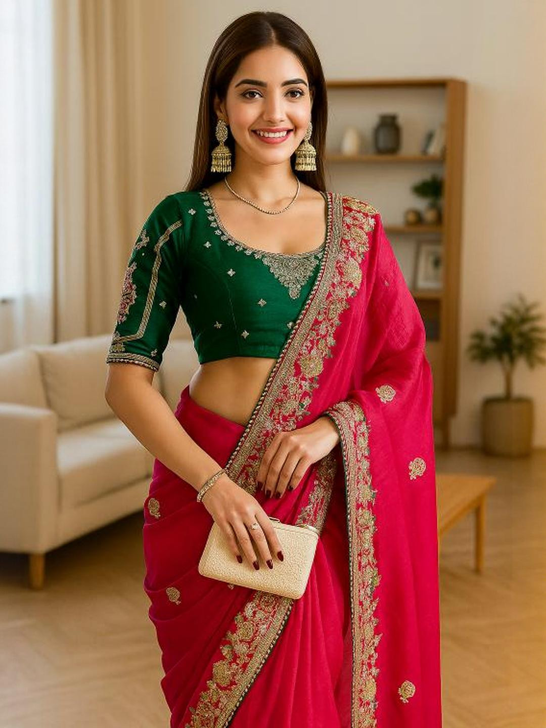 HERE&NOW Rose Poly Chiffon Embroidered Sarees