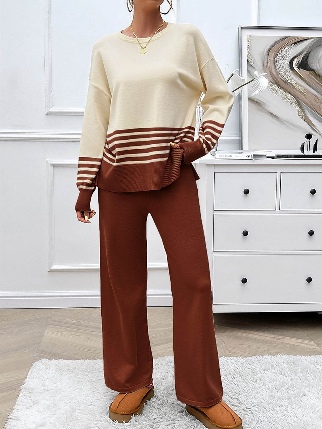 JC Mode Women Striped Top With Trousers Co-Ords