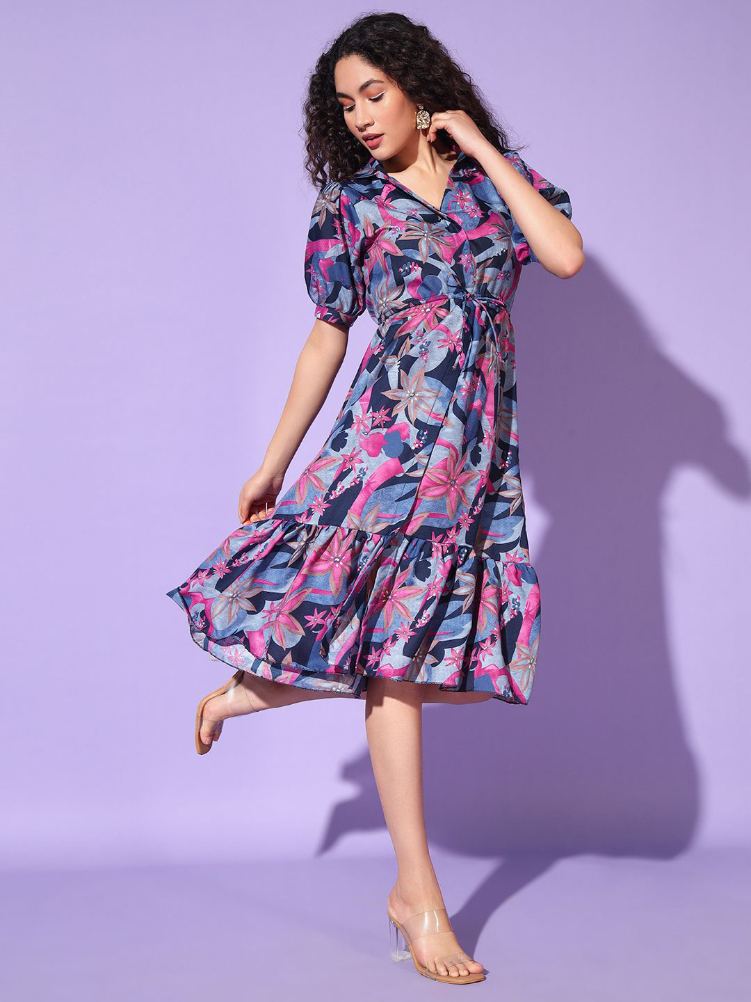 PTVIZE Women Elegant Floral Printed Tiered Shirt Midi Dress