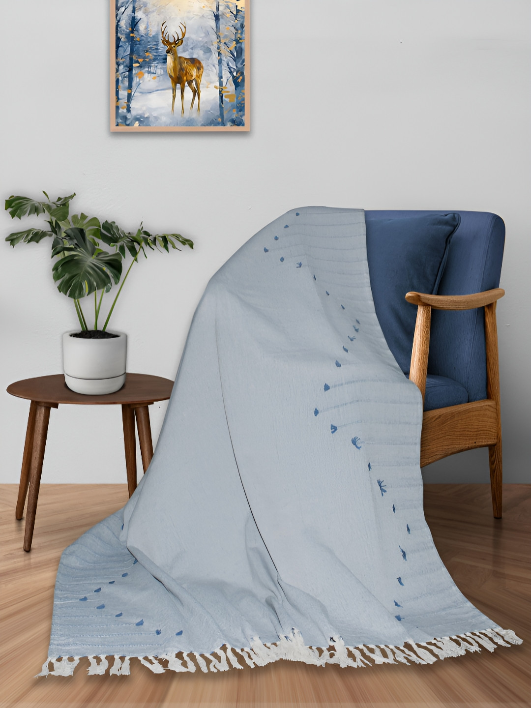 HOME COLORS.IN Blue Self-Designed Pure Cotton Tasseled Throws