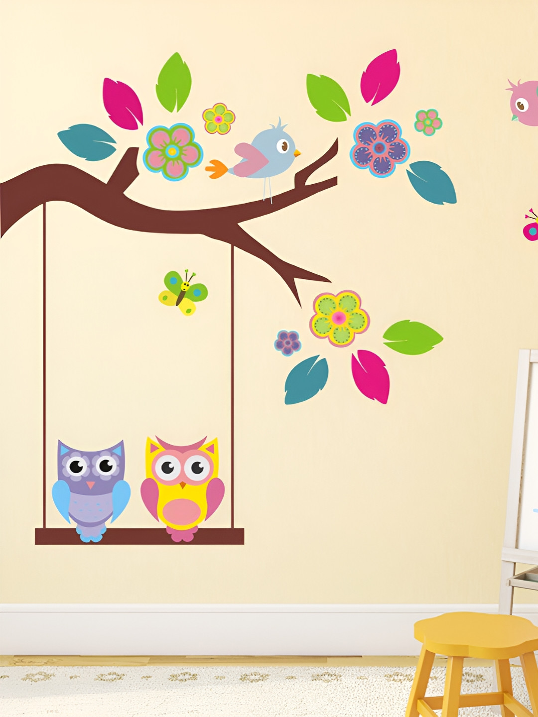 LANSTICK Broen & Blue Tree With Birds Printed Self-Adhesive WallStickers