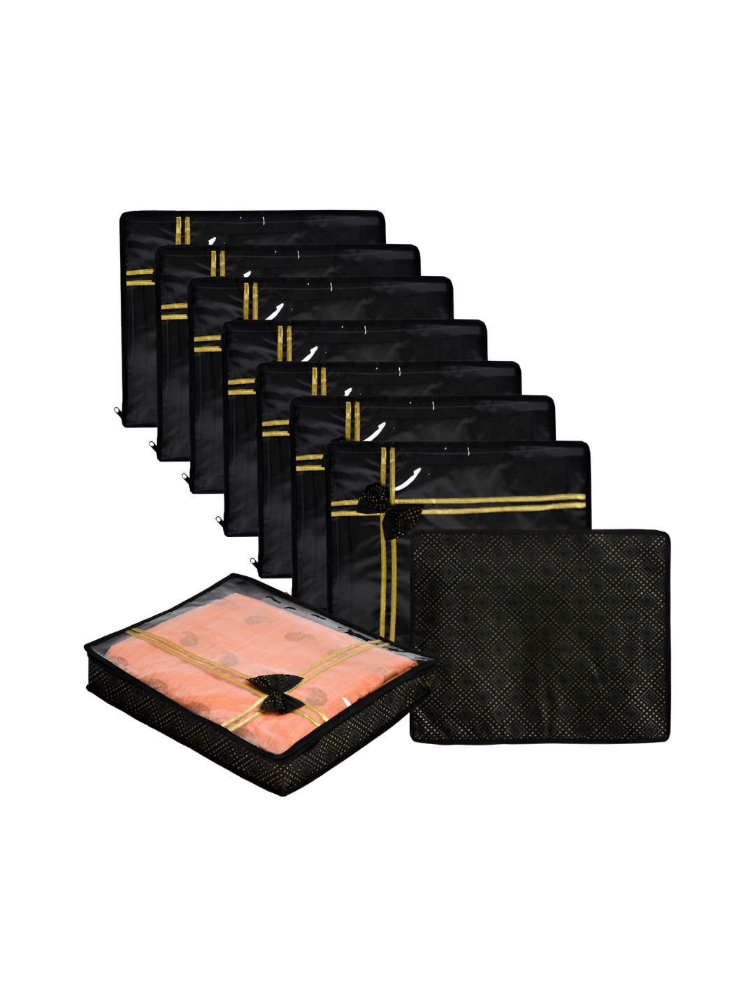 Aura Black & Gold Toned 9 Pieces Regular Bow -Printed Saree Storage Bags