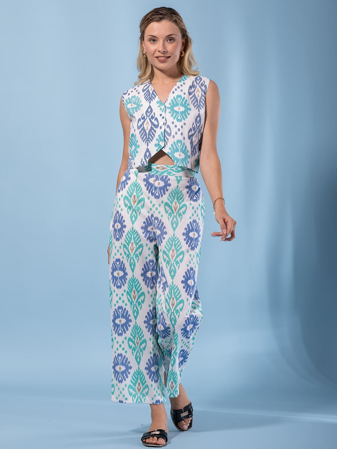 KALINI Women Blue & White Pure Cotton Sleeveless Waistcoat & Trousers