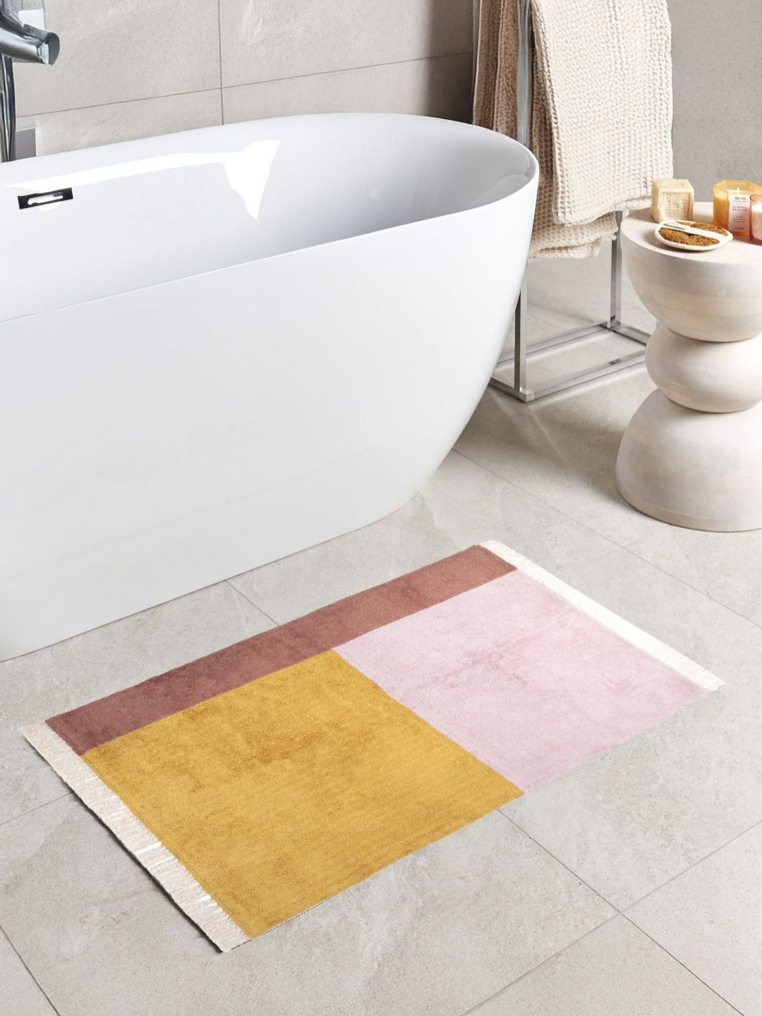 THEGASBH Yellow & Pink Colourblocked 400 GSM Fade-Resistant Cotton Bath Rug