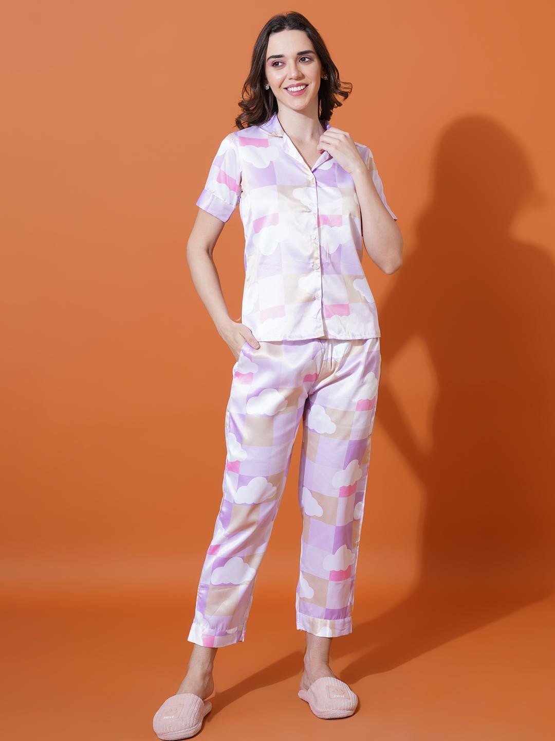 ARV TRENDS Women Lavender & Pink Cloud Printed Lapel Collar Satin Shirt & Pyjama Suit