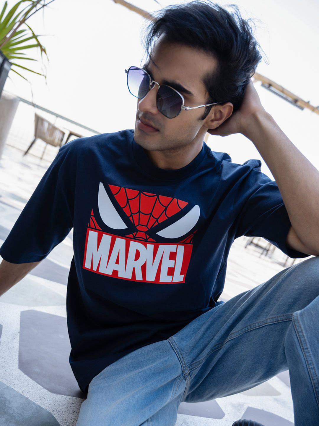 BonOrganik Spider-Man Graphic Printed Drop-Shoulder Sleeves Oversize Cotton T-shirt
