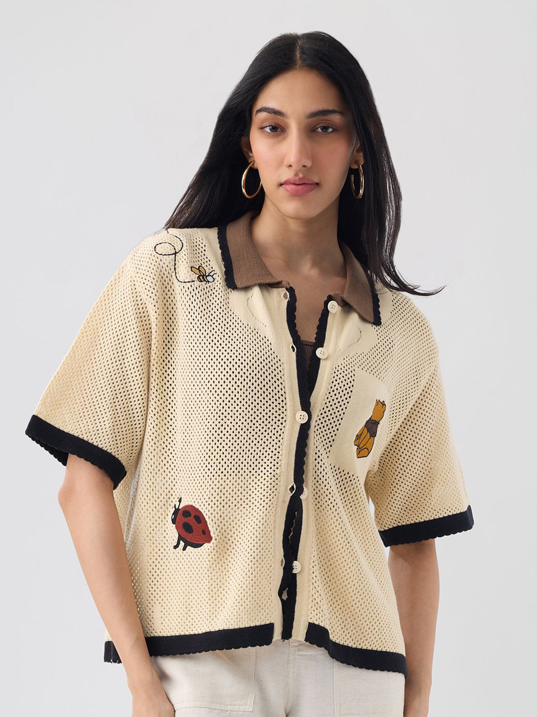 The Souled Store Happy Pooh Printed Pure Cotton Open Knit Casual Shirt