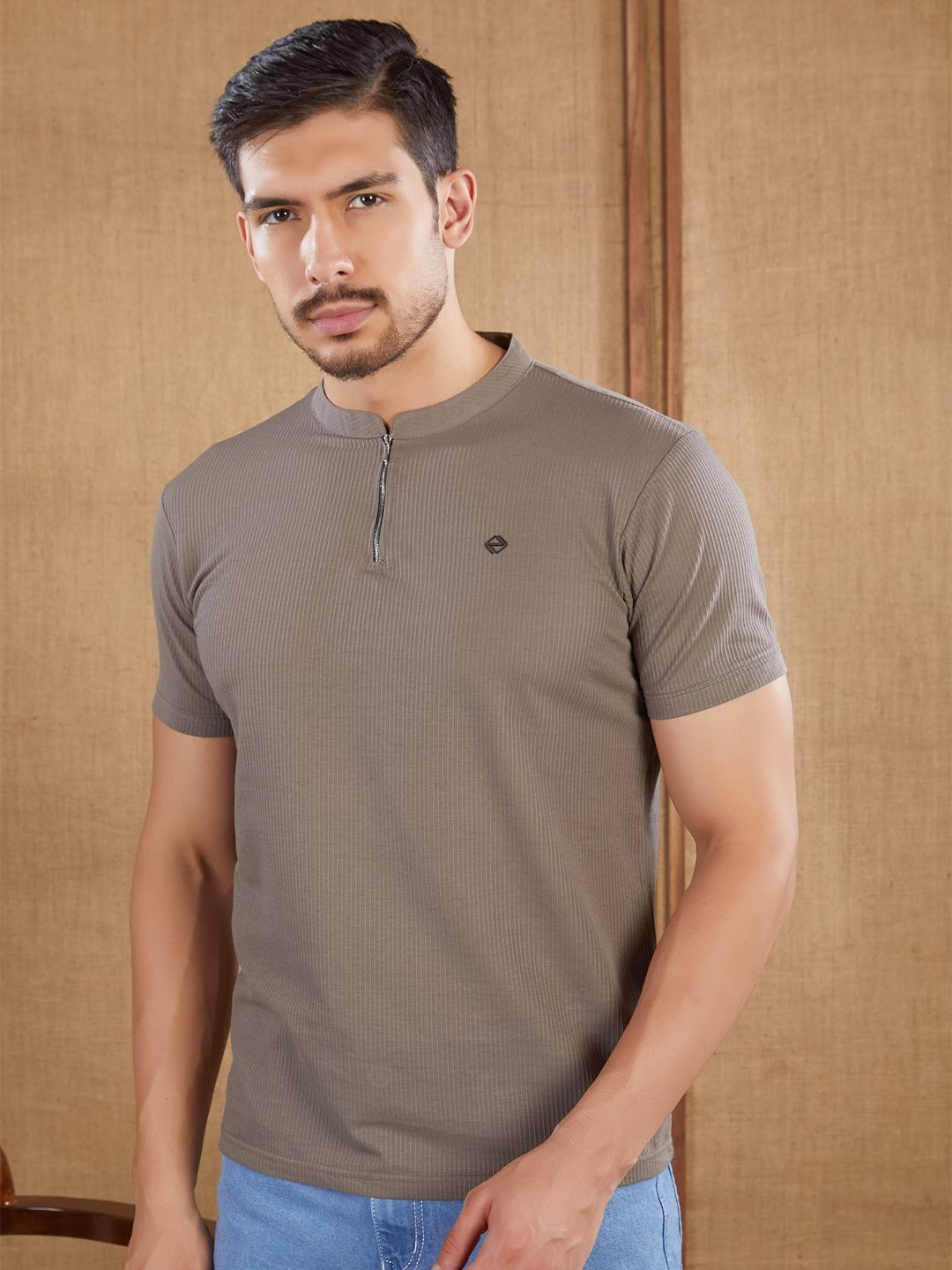 PRORIDERS Grey Striped Self Design Mandarin Collar T-shirt