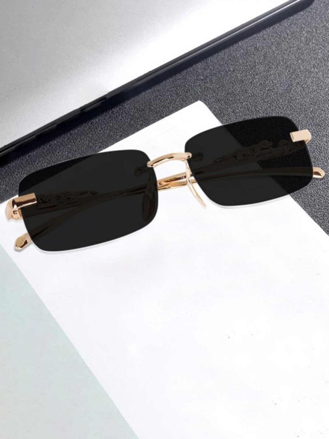 SPADEACES Unisex Rimless Rectangle Sunglasses with UV Protected Lens Karan Gold Black -67