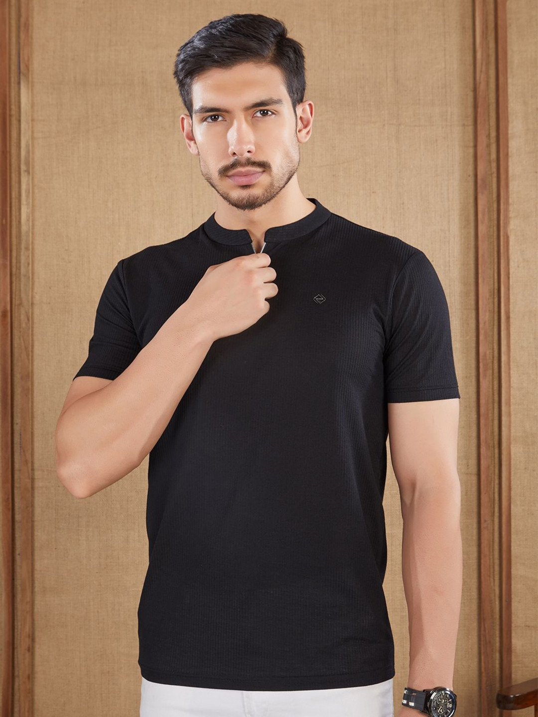 PRORIDERS Black Self Design Mandarin Collar T-shirt