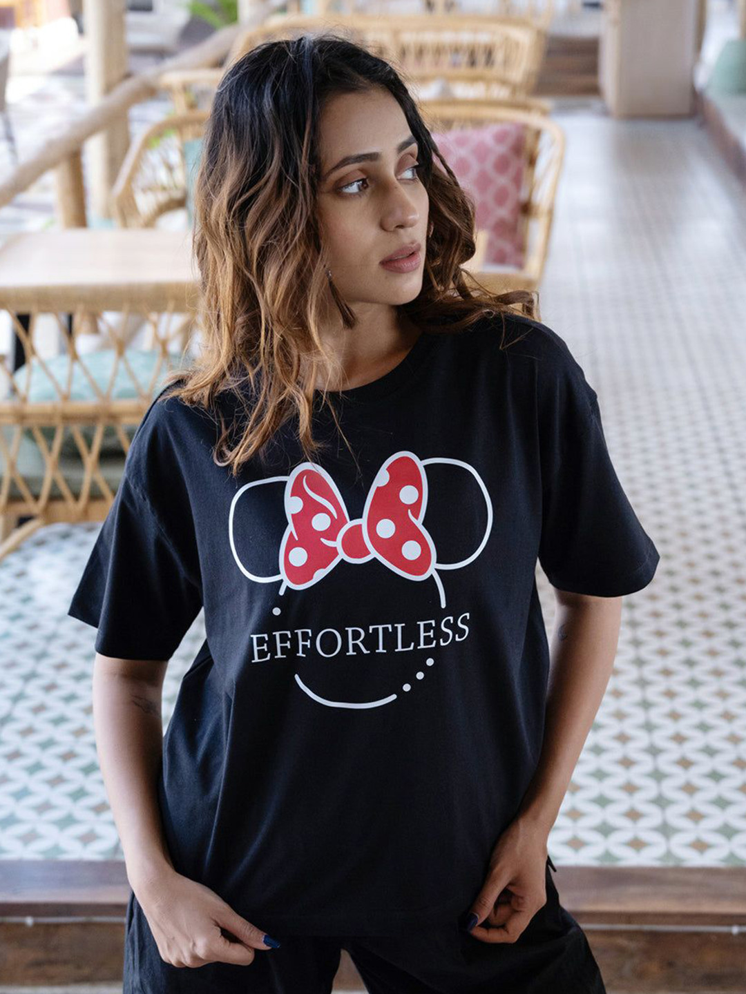 BonOrganik Mini Typography Printed Drop-Shoulder Sleeves Cotton Oversize T-shirt