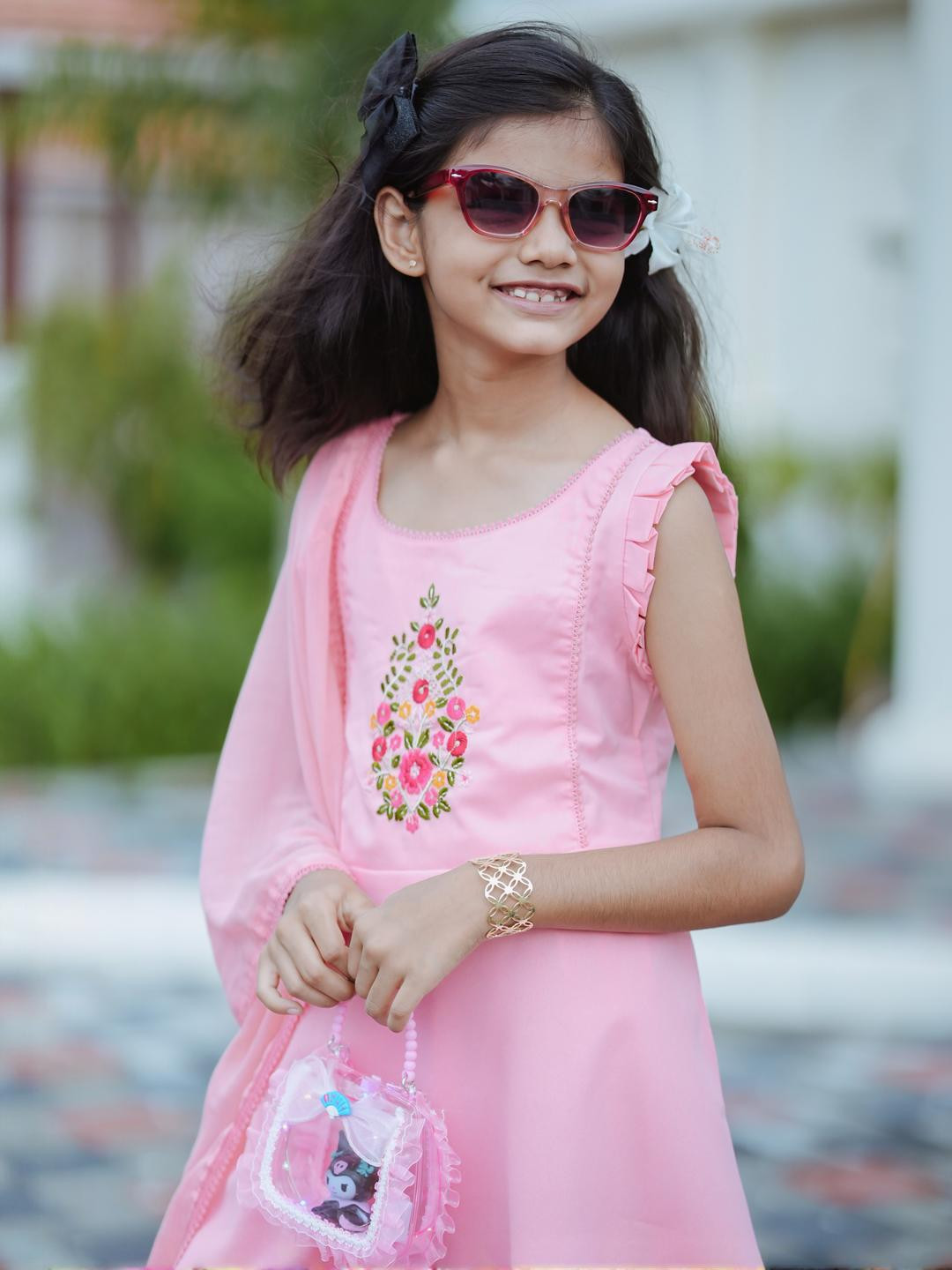 Sangria Girls Pink Embroidered Sleeveless Kurta with Palazzo & Dupatta