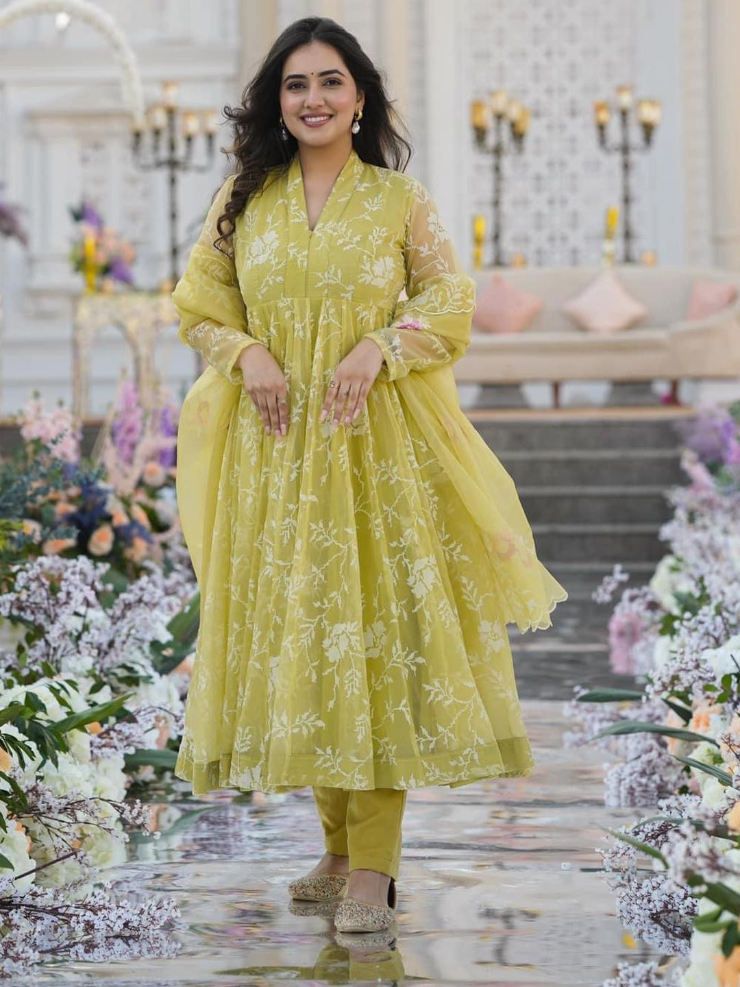 KALINI Women Yellow Organza Kurta Sets