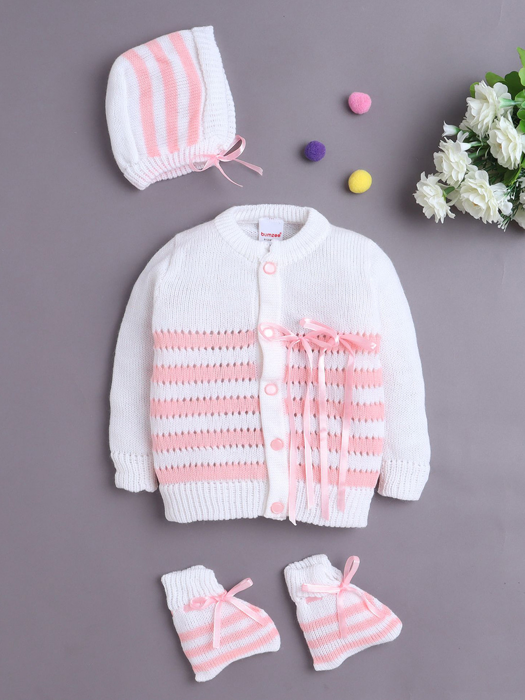 BUMZEE Infant Girls Full Sleeves Sweater With Cap & Socks Apparel Set