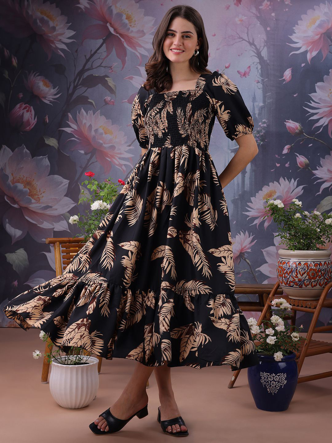 Pinly Tropical Print Square Neck Fit & Flare Dress