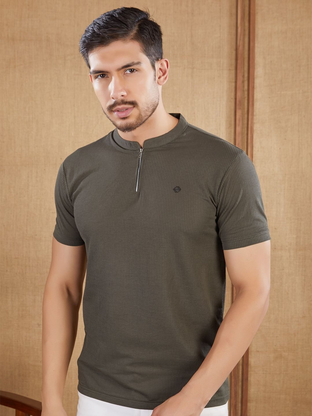 PRORIDERS Olive Green Self Design Half Zip Mandarin Collar T-shirt