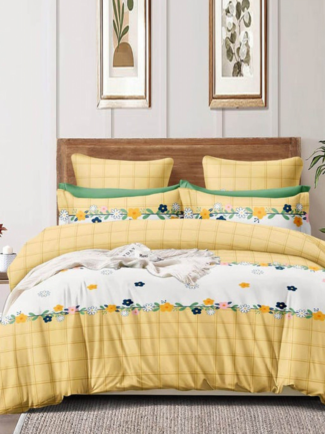 WEAVE AND DECOR White & Yellow Printed Cotton 300 TC Single Bedsheet Set 1.52 x 2.28 m