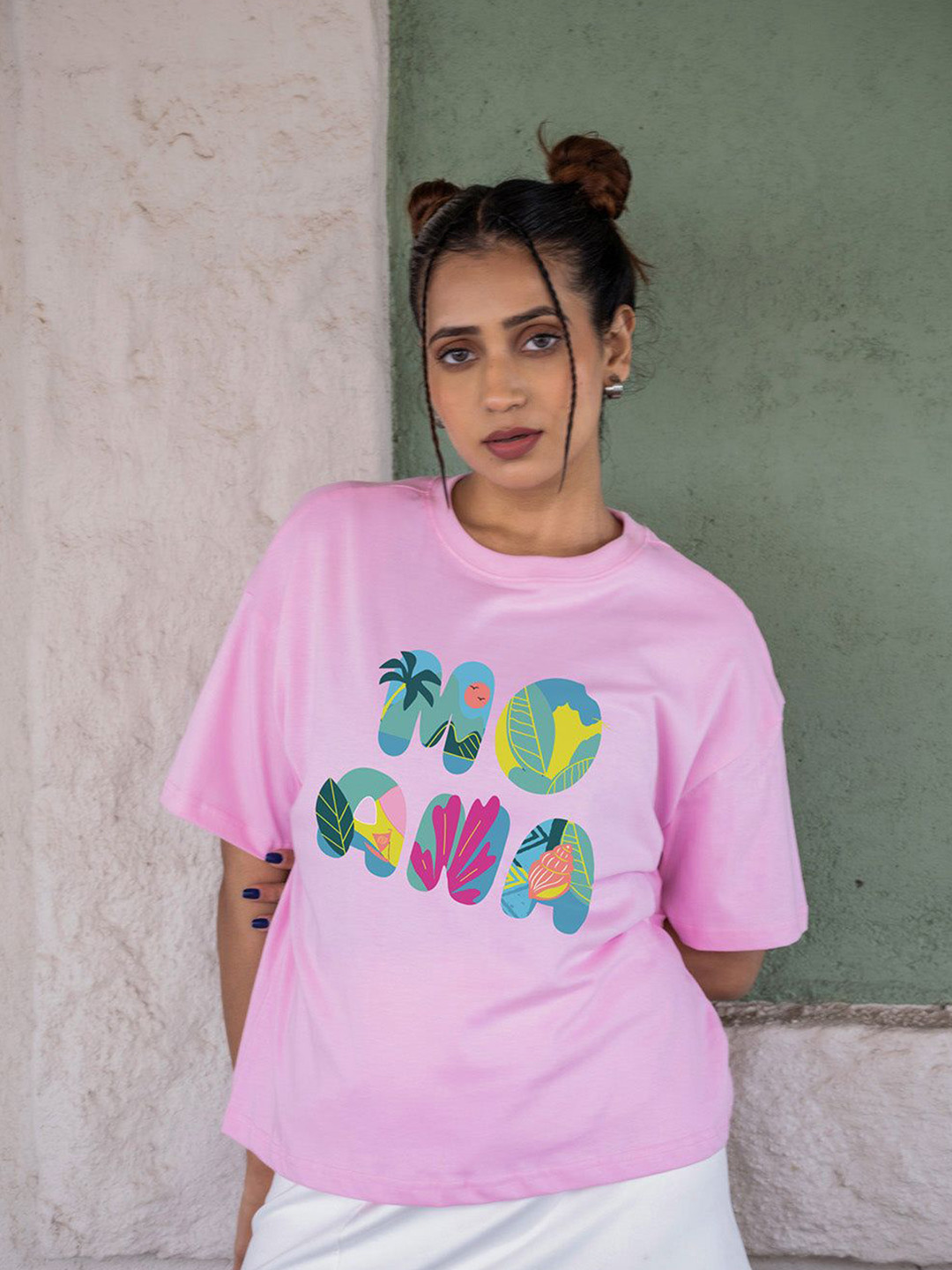 BonOrganik Moana Typography Printed Drop-Shoulder Sleeves Cotton Oversize T-shirt