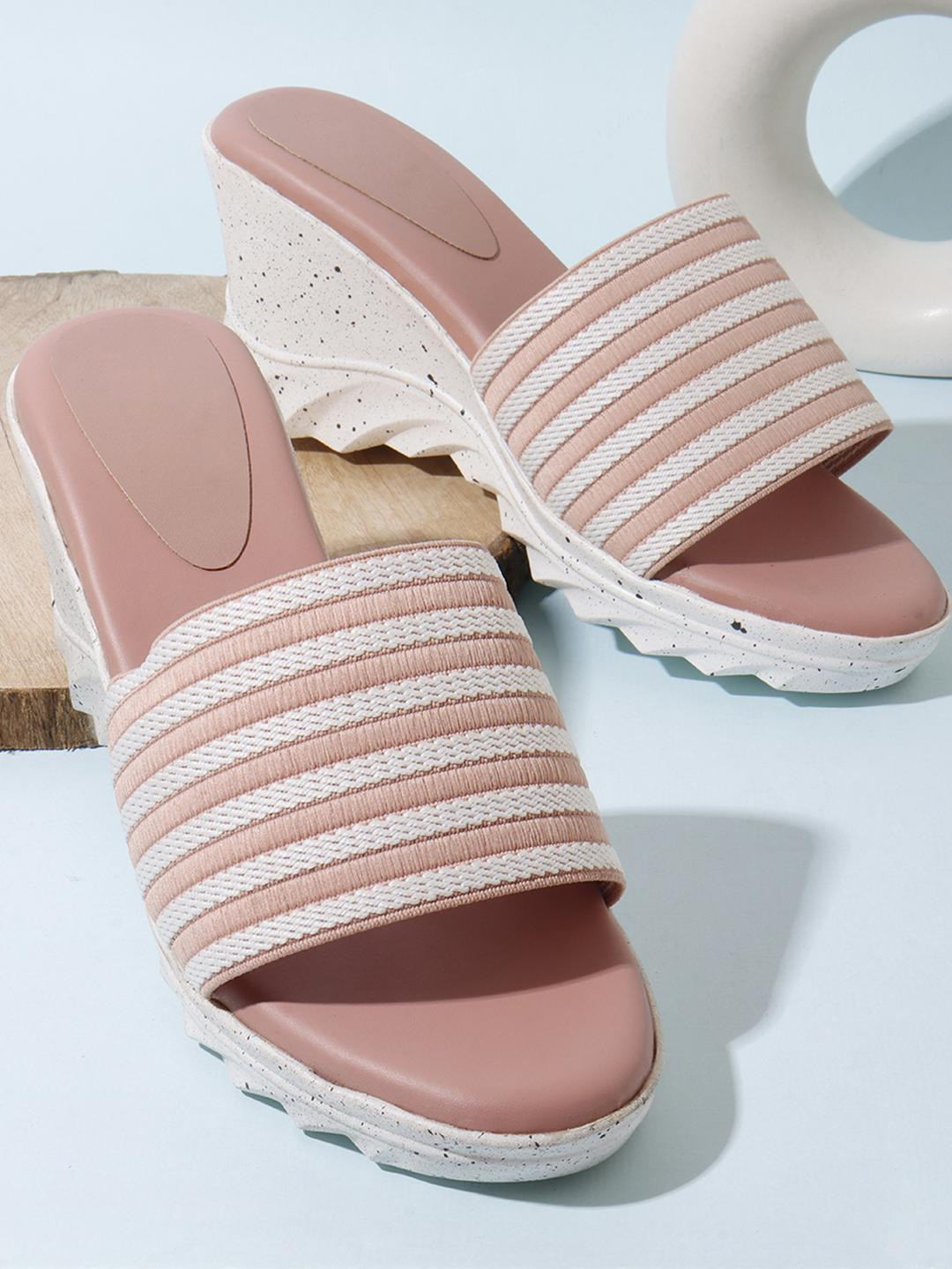 Kook N Keech Women Pink & White Striped Open Toe Synthetic Wedges