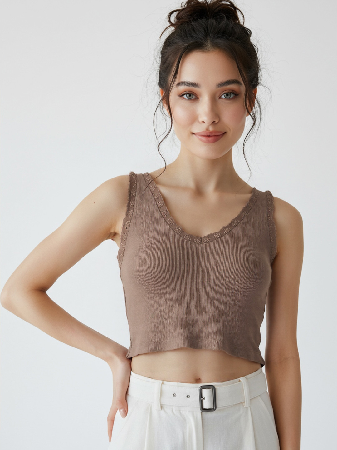 Brown Ribbed V-Neck Crop Top with Embroidery