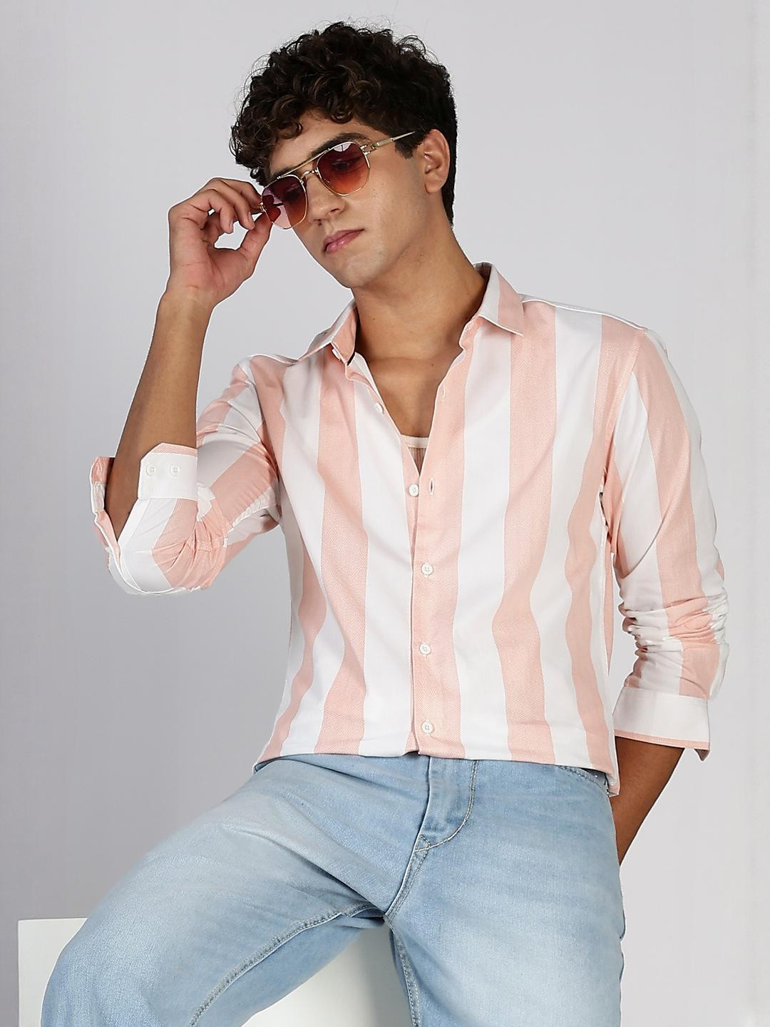 HERE&NOW Men Pink & White Slim Fit Vertical Stripe Printed Casual Shirt