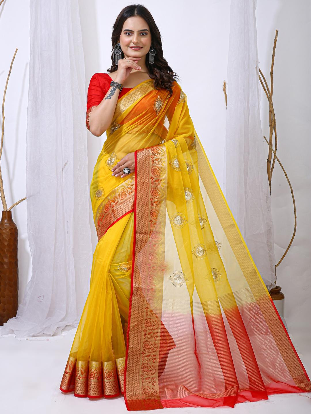 DIVASTRI Yellow Organza Embellished Sarees