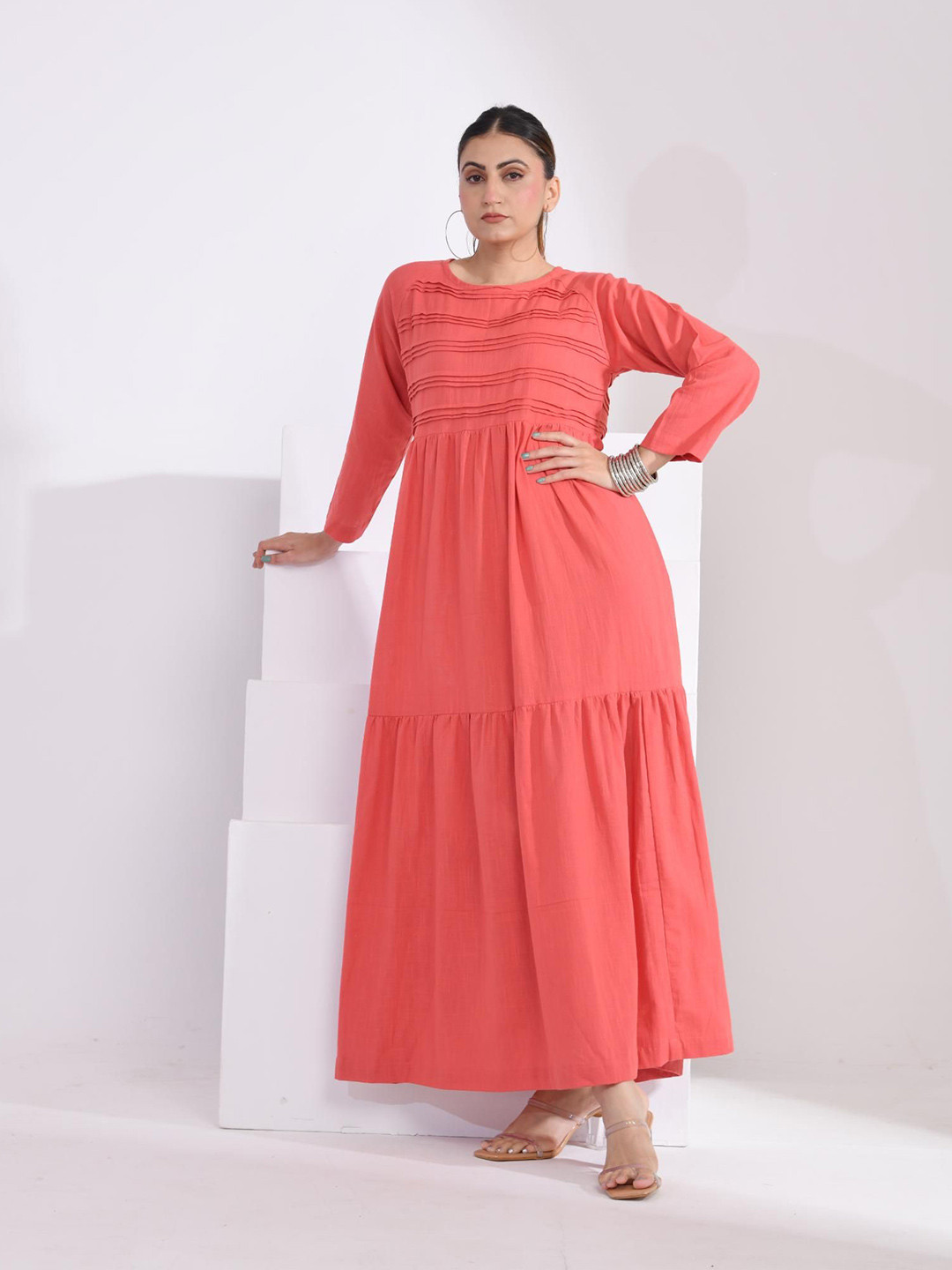 SIDDHO HUM Women Gathered Round Neck Long Sleeve Cotton Maxi Dress