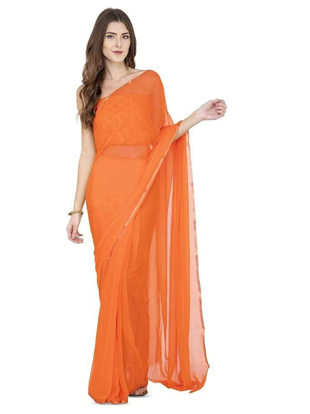 THE FASHION ATTIRE Orange Solid/Plain Bollywood Chiffon Saree