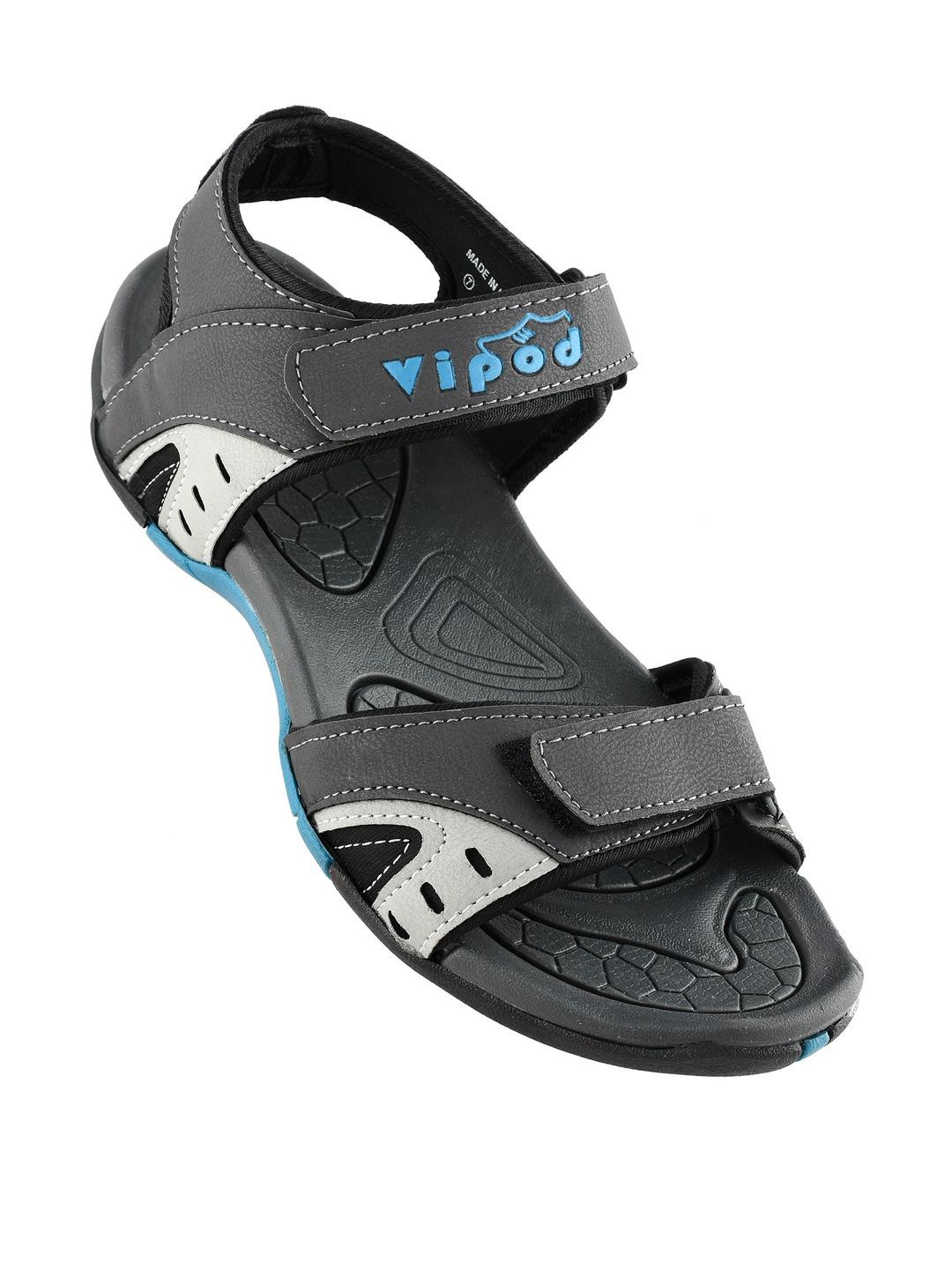 PODDAR Men Grey & Green Textured Footbed Velcro Sports Sandals