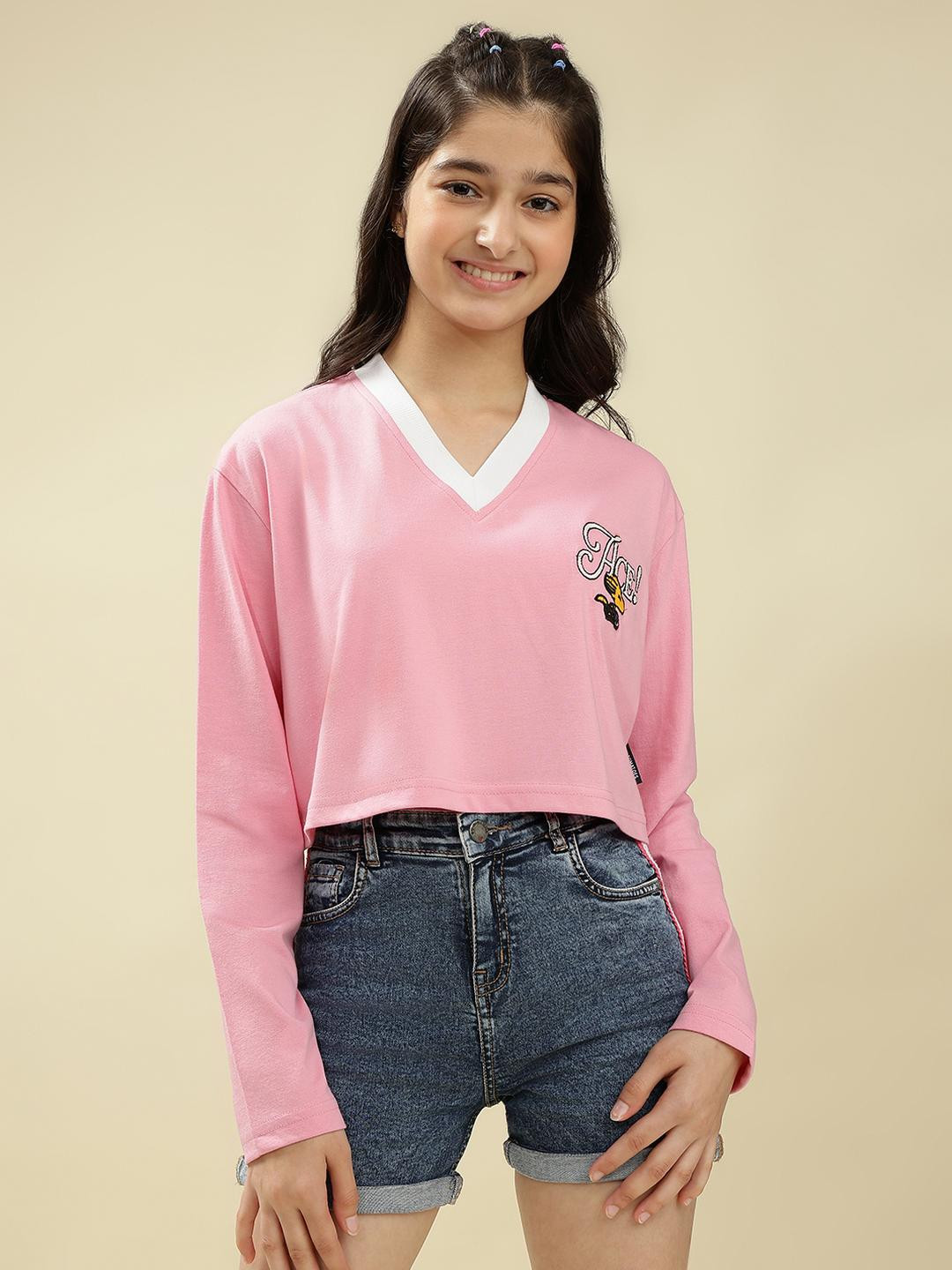 Lil Tomatoes Girls Pink V-Neck Long Sleeves Print Cotton Casual Top