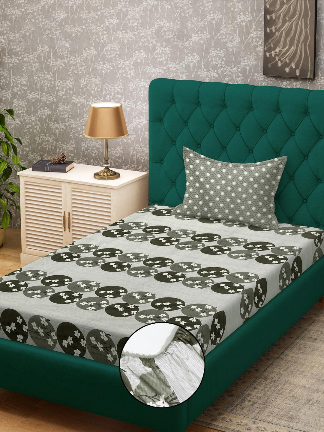 KLOTTHE Olive Floral Cotton Single Bedsheets