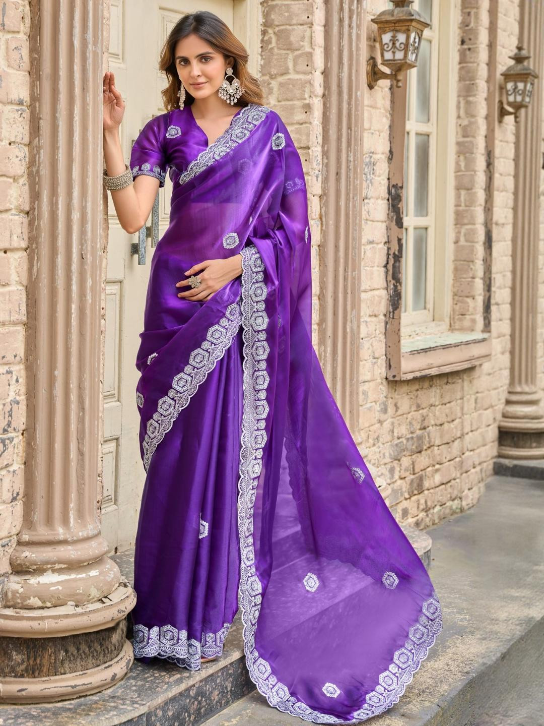 KALINI Violet Poly Chiffon Embroidered Sarees